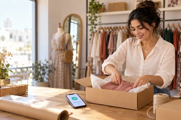 Une commerçante prépare une commande dans un carton, dans sa boutique.